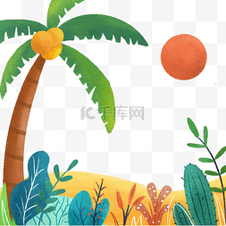 清新背景2图片_夏日手绘小清新海边椰子树绿植边