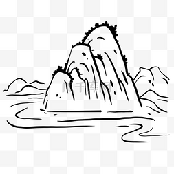 山水元素线条图片_黑色线描山泉