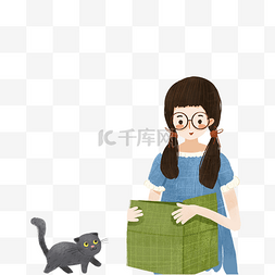 卡通小女孩和猫咪免抠图