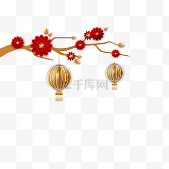 金色树叉素材高清图片大全_中国传统新年树分支红色花瓣金色灯笼