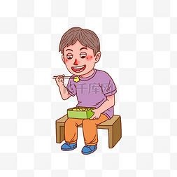 蓝色短袖图片_卡通人物吃中午饭男孩