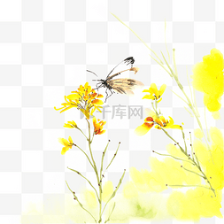 黄色花与蝴蝶水墨画PNG免抠素材