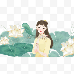 国风女子插画图片_手绘卡通荷花里的古典美人