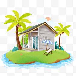 剪纸椰子树图片_手绘夏季木屋房子剪纸