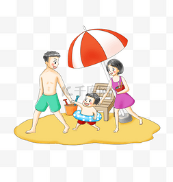 海边夏日图片_夏日在沙滩度假的一家三口