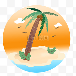 沙滩椅喝饮料图片_夏日夕阳下的椰子树和沙滩