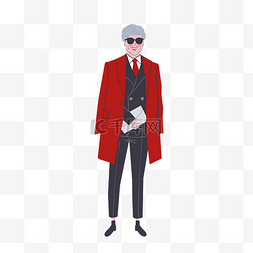时髦的老年男性墨镜红大衣