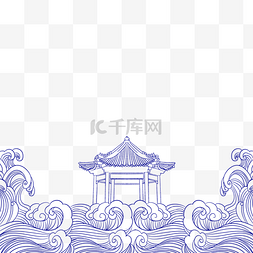 线稿中国风图片_线描国潮海浪云朵