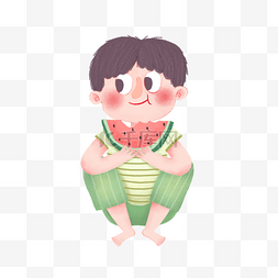 手绘吃西瓜的图片_卡通手绘夏季吃西瓜的男孩
