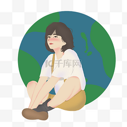 盘腿坐的女孩和地球插画