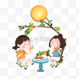 桂花树下图片_月下纳凉吃月饼的大脸小姑娘