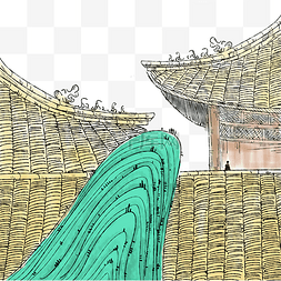 彩色水墨风景图片_国画古建筑装饰画