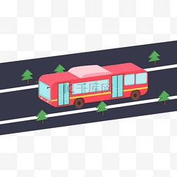 车在路上跑图片_马路上行驶的红色卡通公交车
