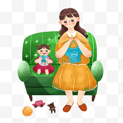 织毛衣的妈妈图片_卡通女孩在织毛衣免抠图