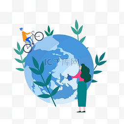 环保节能插画图片_骑车手绘爱护地球日插画