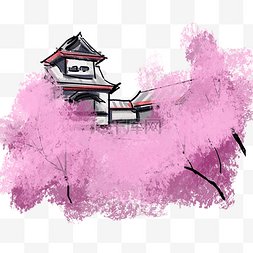 日本古建筑图片_水彩日式粉色樱花