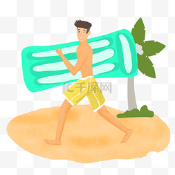 充气垫图片_夏天沙滩上拿着充气垫的男士