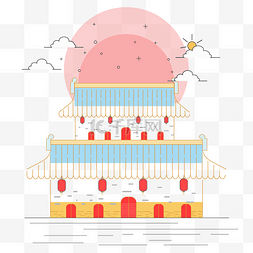 国风房屋图片_线性可爱风古建筑