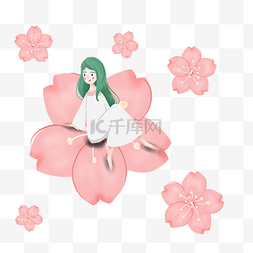 花朵简约海报图片_简约樱花和女孩插画海报免抠元素