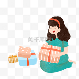 礼物拆礼物图片_手绘卡通草地上坐着拆礼物的女孩