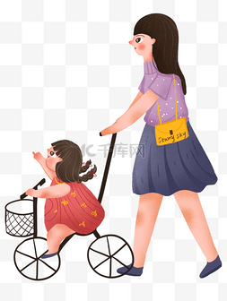 人物母女卡通图片_手绘卡通推孩子的母女免扣元素