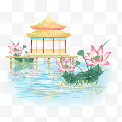 植物风景水彩图片_中国风园林建筑场景