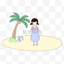 沙滩清爽图片_夏天沙滩上玩耍的女孩手绘插画