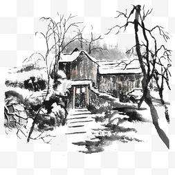 水墨冬季村庄房屋