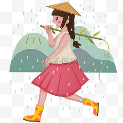 中国风传统清明节图片_清明节戴着草帽的女孩插画