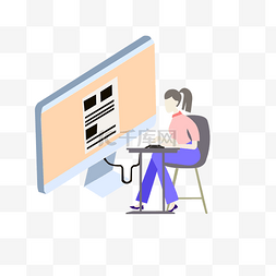 女性工作电脑办公扁平风格元素