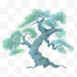 中国风松树剪纸图片_中国古典松树青色淡雅