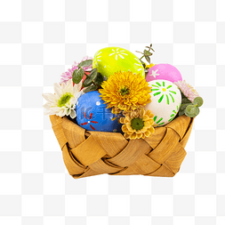 一篮子复活节彩蛋和鲜花