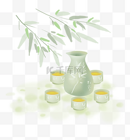 淡色竹子和淡绿色酒壶