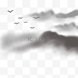 山水画黑白图片_云雾中的远山手绘山水画插图