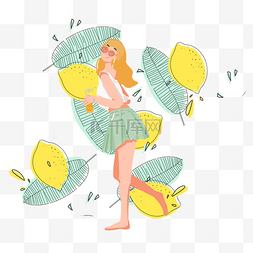 夏季柠檬喝果汁少女PNG素材