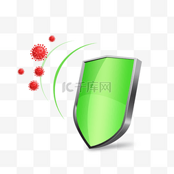 新型病毒png图片_绿色手绘盾牌保护病毒