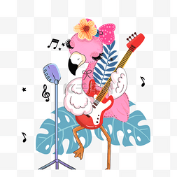 热带植物鲜花图片_手绘弹吉他玩耍火烈鸟