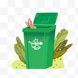 厨余垃圾卡通图片_绿色厨余垃圾桶手绘