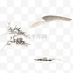 群山手绘图片_小舟与远山水墨画PNG免抠素材