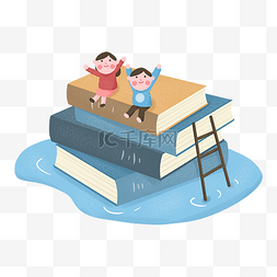 水上的书图片_教育培训小孩子们坐在一摞书上
