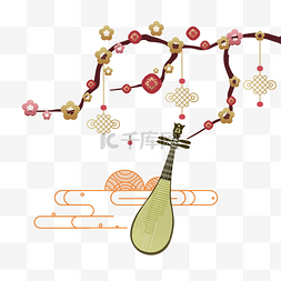 鼠年装饰元素图片_鼠年喜庆钱币富贵金钱树古典琵琶