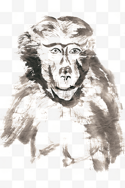 抿嘴的猴子水墨画PNG免抠素材
