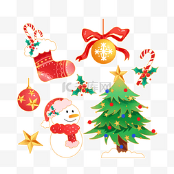 圣诞树手绘雪花图片_手绘彩色圣诞节主题贴纸