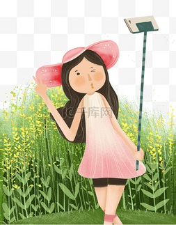 手绘卡通在草丛里自拍的女孩面孔