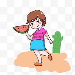 夏天吃西瓜的女孩手绘