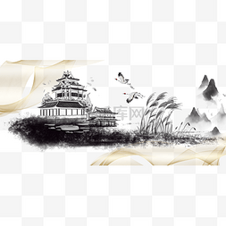 装饰画简约图片_中式山水黑色简约三联装饰画