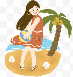 夏日海边沙滩玩耍图片_夏季卡通手绘可爱长发女孩海边休