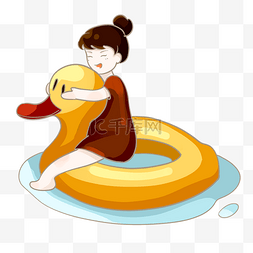 夏日游泳女孩骑鸭子的游泳圈PNG素