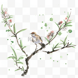 小鸟的一家图片_鸟与嫩芽初绿的树水墨画PNG免抠素