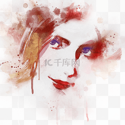 手绘红色水彩图片_红色水彩女人脸肖像喷溅插画手绘